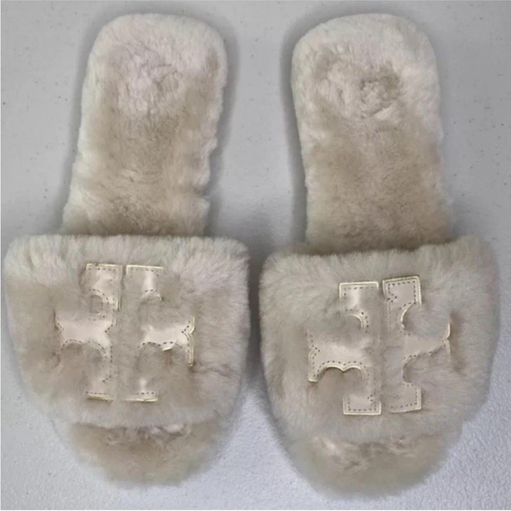 TORY BURCH IVORY FAUX FUR SLIDE ON SLIPPER FLATS SZ 6